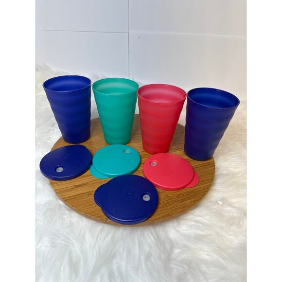 Tupperware 16 Ounce Cup Tumbler with Dripless Straw Hole Seal/Lid Set of 4 - Picture 2 of 4